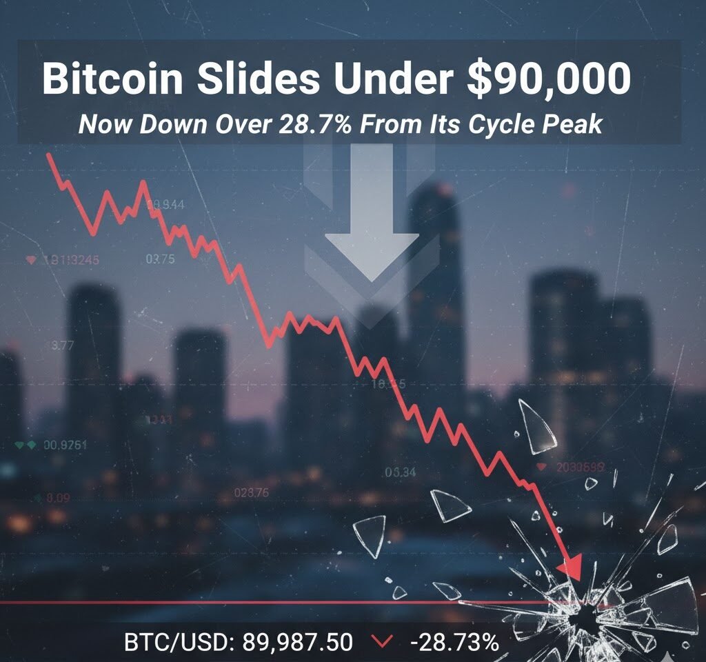 Bitcoin Slides Under $90,000, Now Down Over 28.7% From Its Cycle Peak