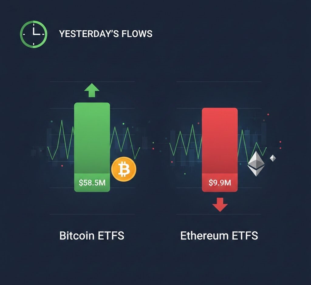 Yesterday’s Flows: Bitcoin ETFs Pulled In $58.5M, While Ethereum ETFs Saw $9.9M Head Out