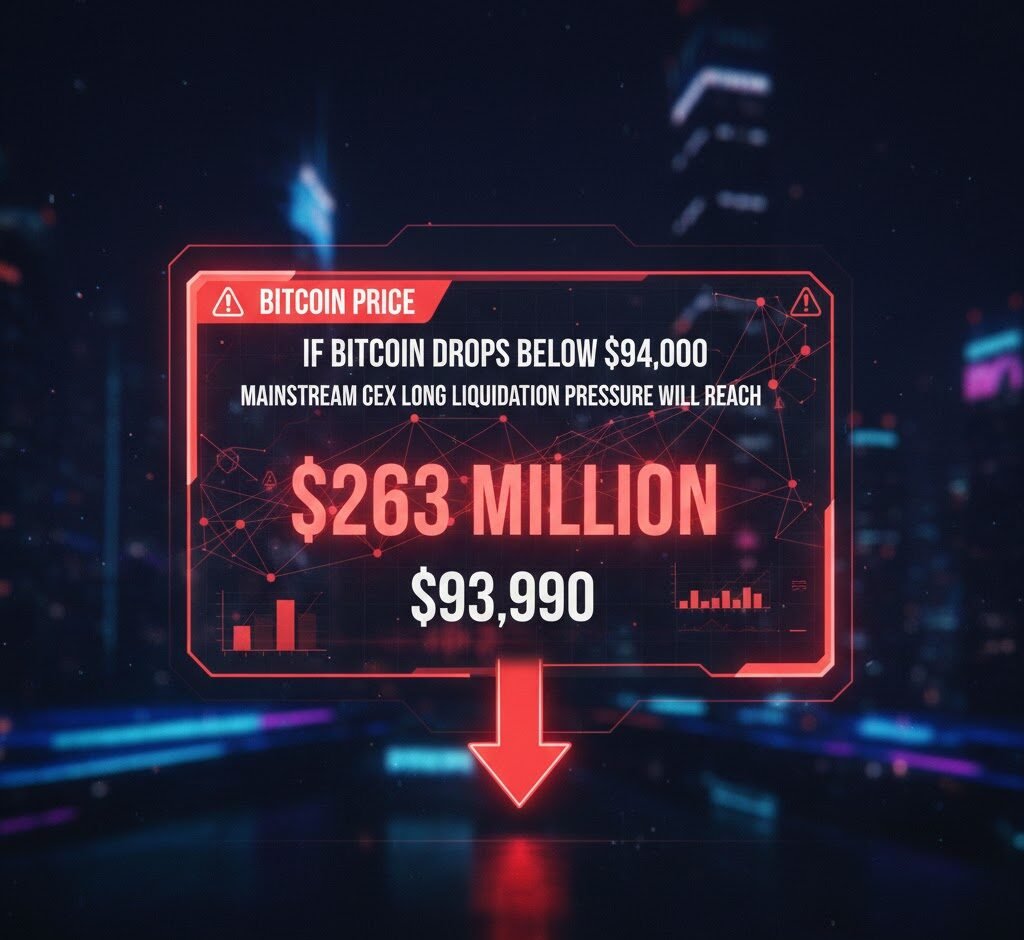 If Bitcoin drops below $94,000, the mainstream CEX long liquidation pressure will reach 263 million.
