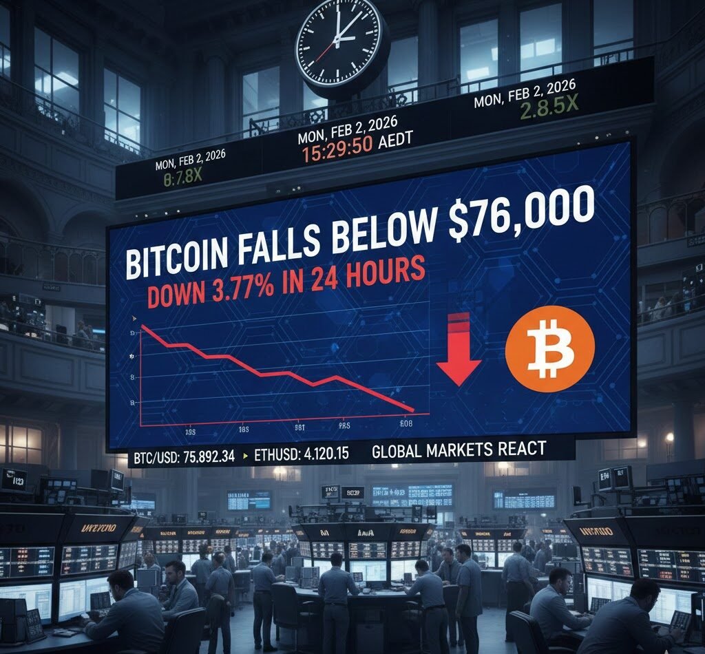 Bitcoin Falls Below $76,000, Down 3.77% in 24 Hours