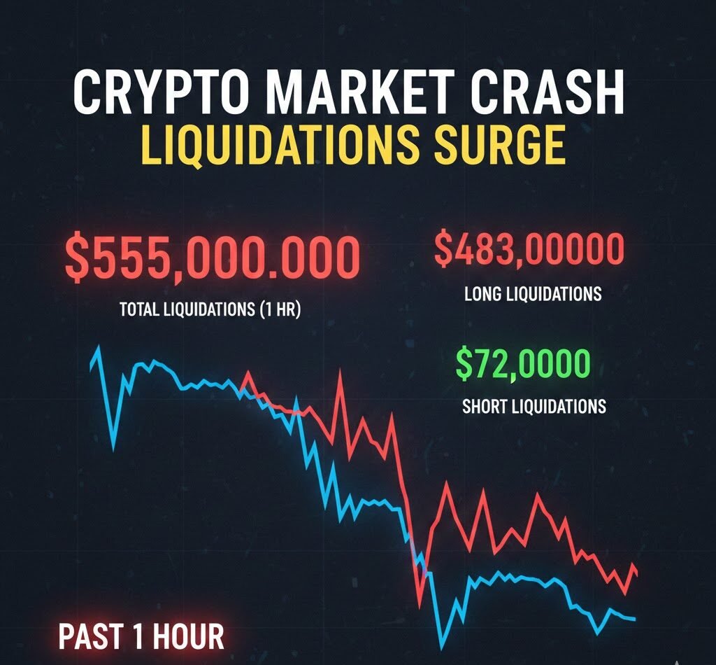 Liquidations across the board in the past 1 hour surged to $555 million, with long liquidations totaling $483 million