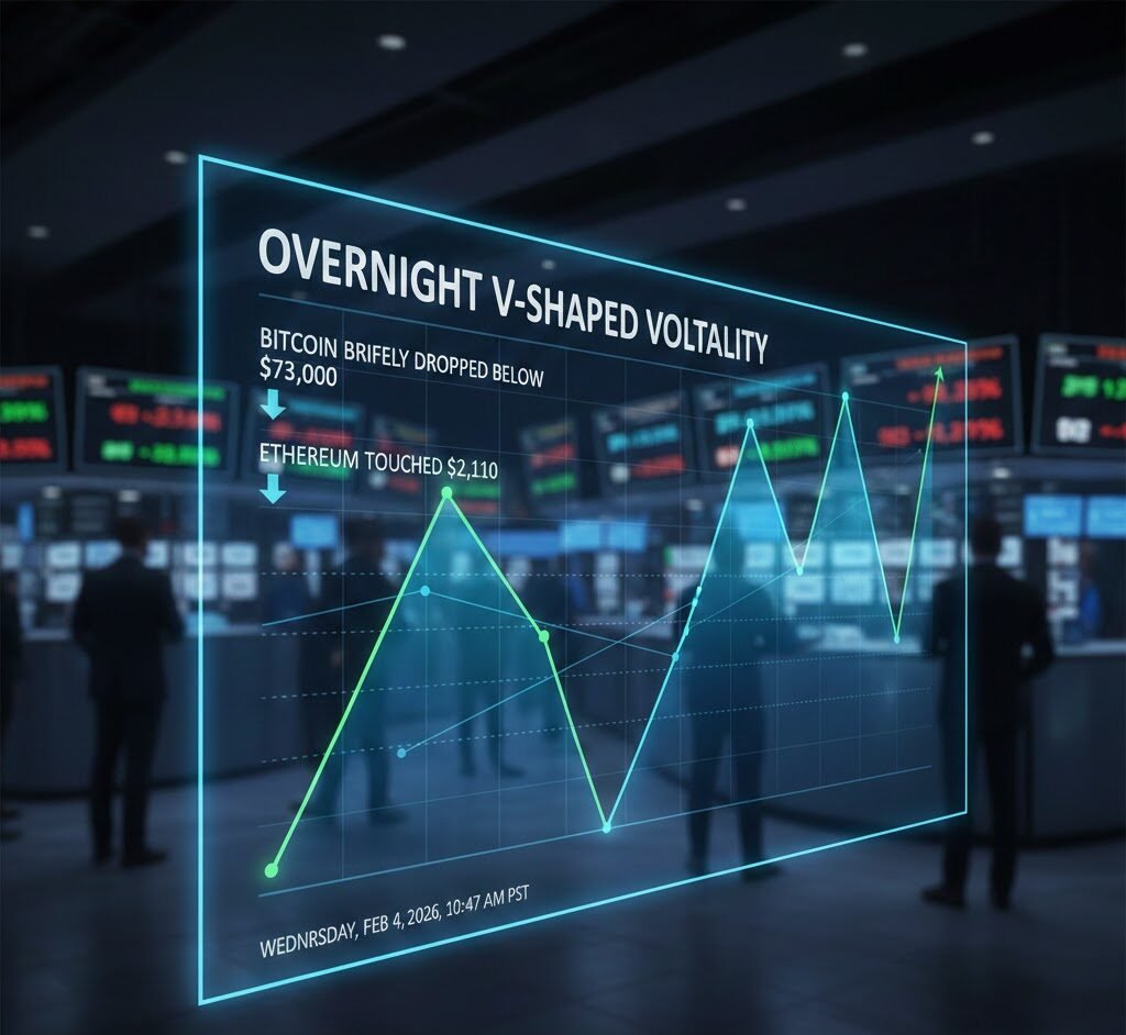 Overnight V-shaped Volatility in the Crypto Market, Bitcoin briefly dropped below $73,000, Ethereum touched $2,110