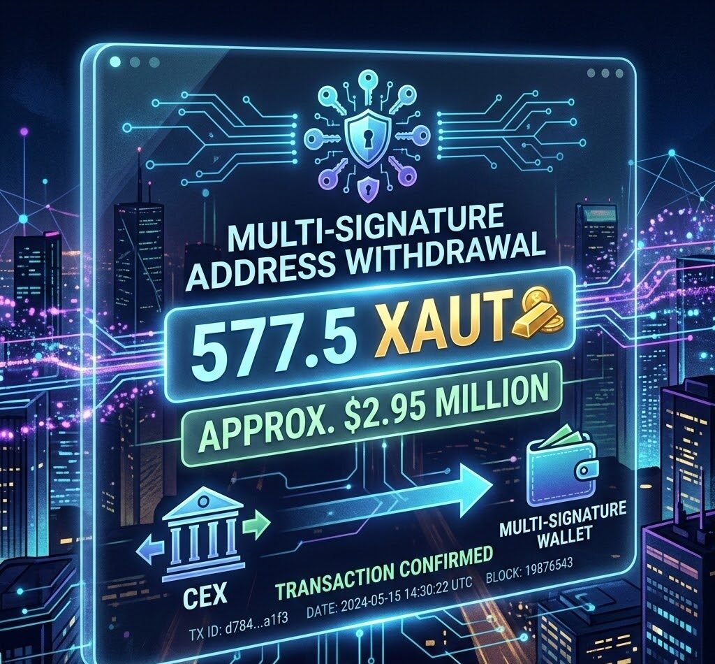 A multi-signature address withdrew 577.5 XAUT from a CEX, worth approximately $2.95 million