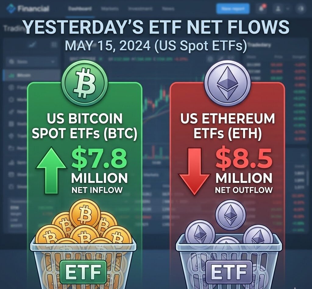 Yesterday's US Bitcoin Spot ETF Net Inflow $7.8M, Ethereum ETF Net Outflow $8.5M