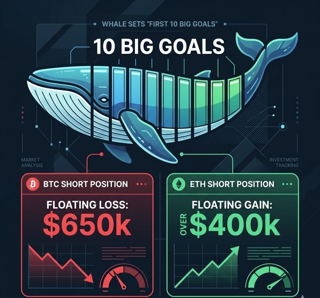 Whale Sets "First 10 Big Goals," BTC Short Position in Floating Loss of $650k, ETH Short Position in Floating Gain of Over $400k
