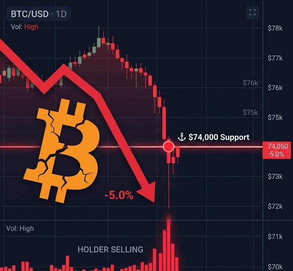 Bitcoin Drops 5%, Tests $74k Support Amid Holder Selling