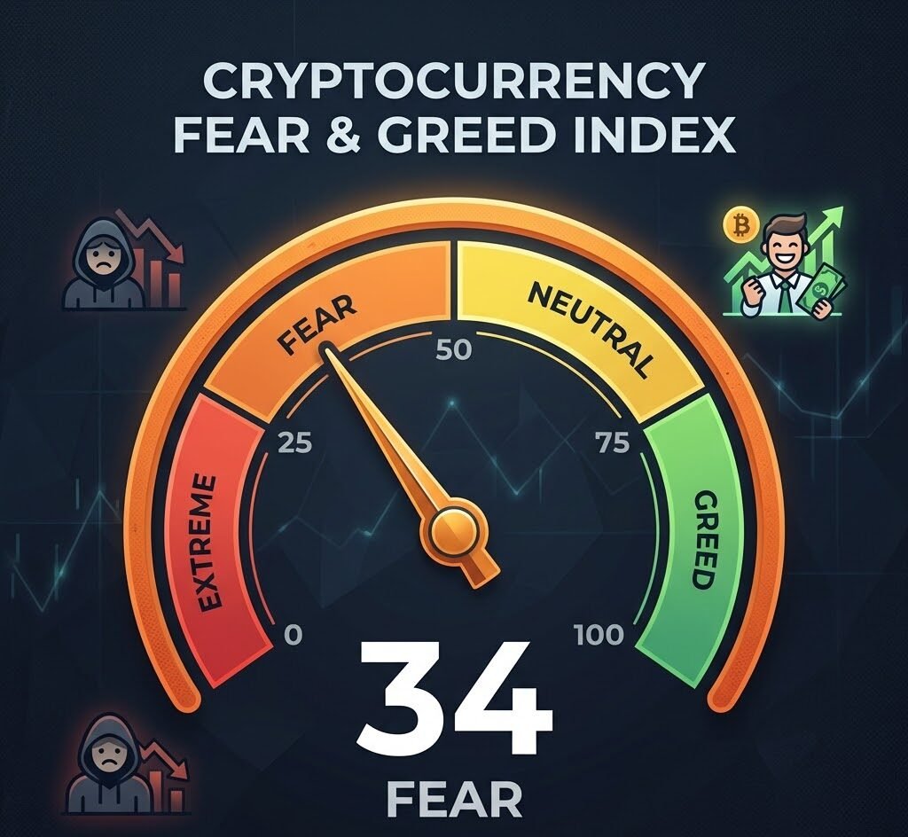 Cryptocurrency Fear and Greed Index Rises to 34, Market "Fear" Sentiment Eases