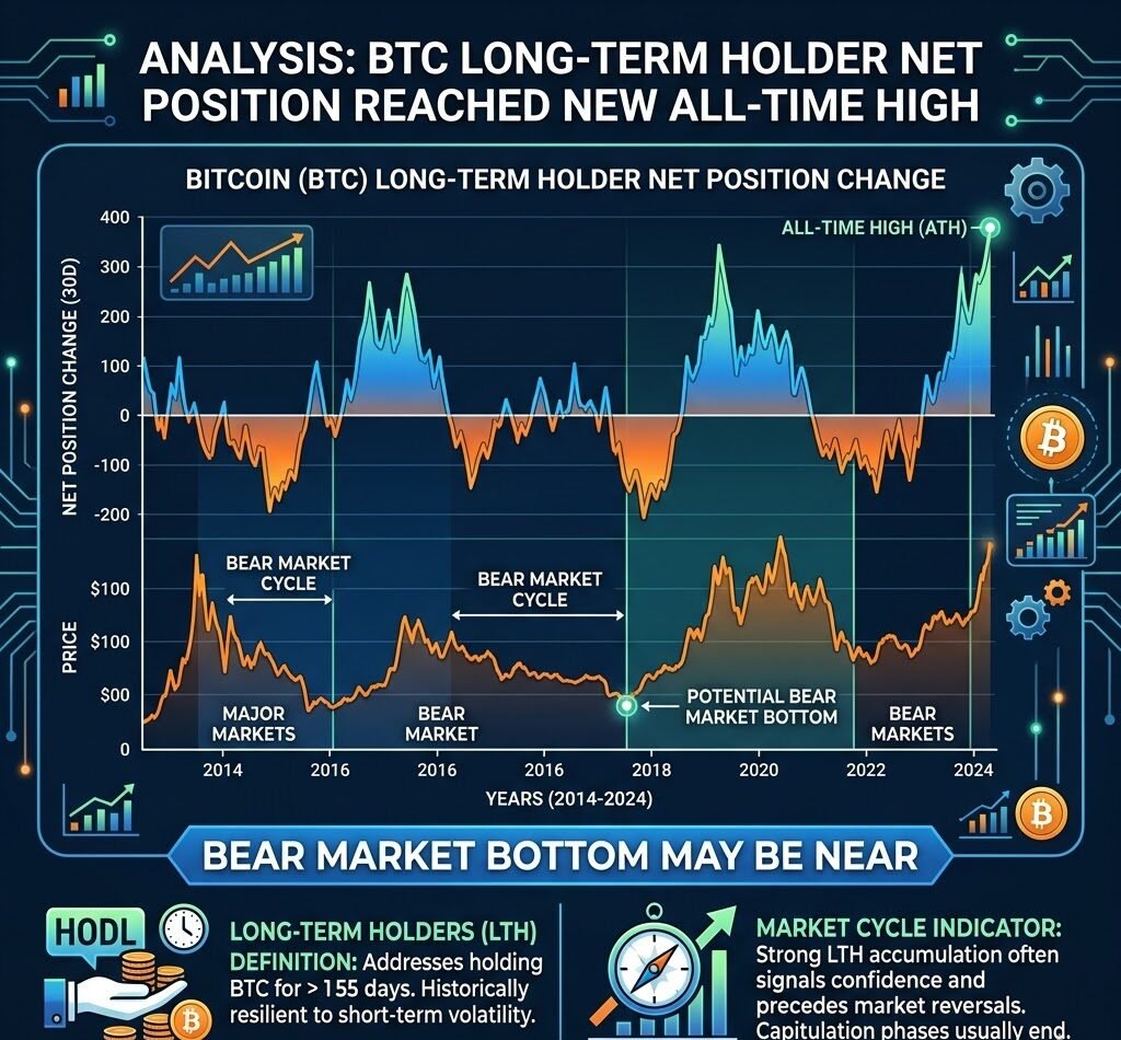 Analysis: BTC Long-Term Holder Net Position Reached New All-Time High, Bear Market Bottom May Be Near