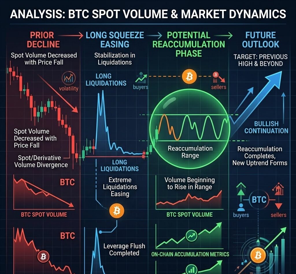 Analysis: BTC Spot Volume Relative to Decline, Long Squeeze Eases as Market Enters Potential Reaccumulation Phase
