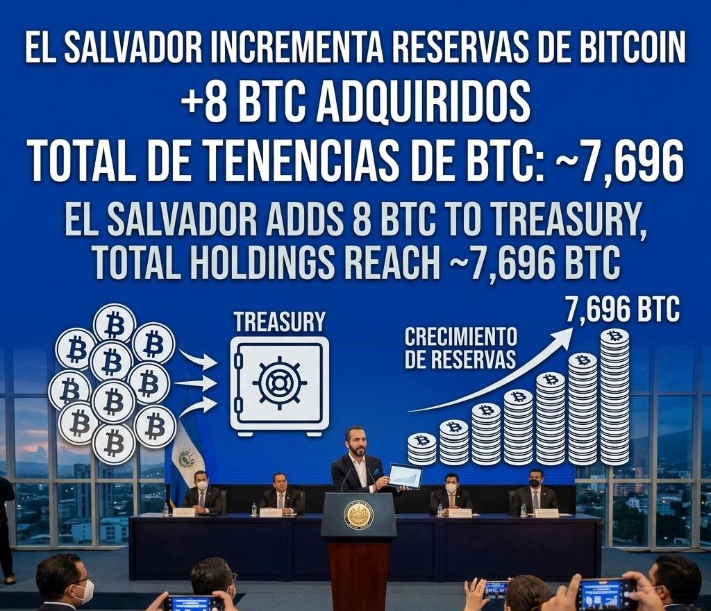 El Salvador Adds 8 BTC to Treasury, Total Holdings Reach ~7,696 BTC