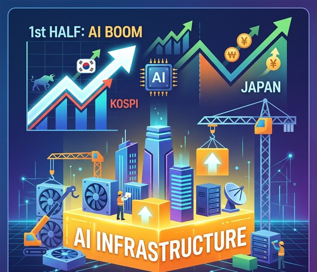 The AI boom ran through Japan and South Korea's stock markets in the first half of the year, with South Korean stocks doubling over the six-month period, and AI infrastructure is set to take priority in the second half.