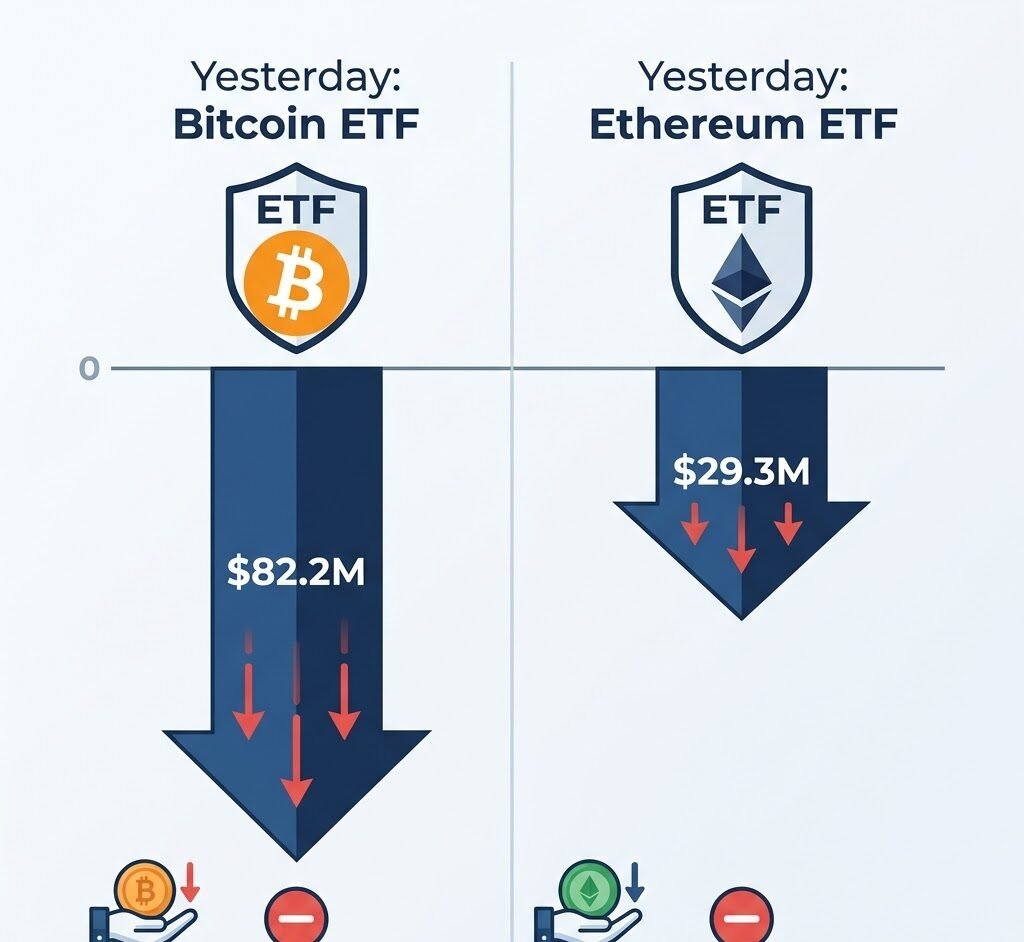 Yesterday's Bitcoin ETF saw a net outflow of $82.2 million, while the Ethereum ETF saw a net outflow of $29.3 million