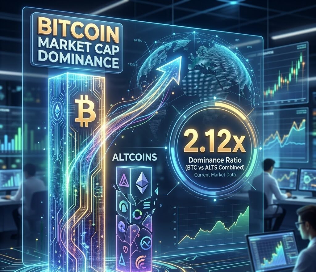 Bitcoin Market Cap Dominance Widens to 2.12x Altcoins