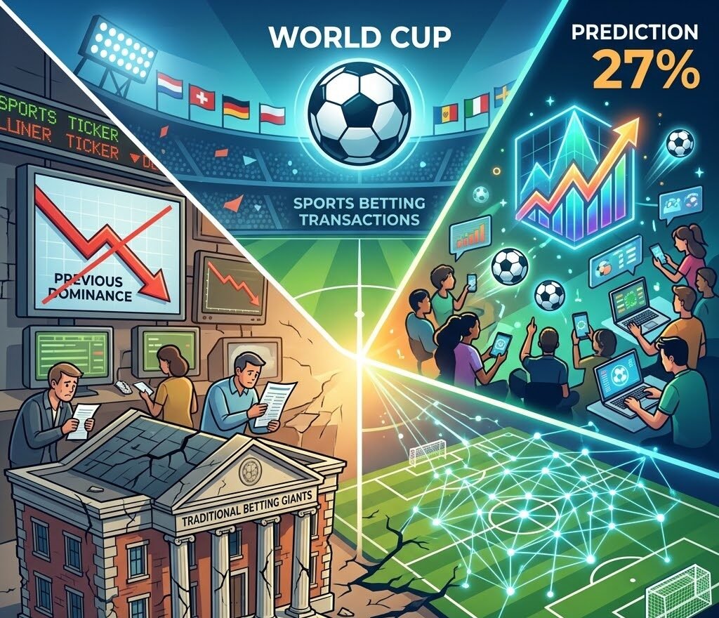 Prediction markets now account for 27% of total World Cup sports betting transactions, marking the first time traditional betting giants have seen their market share significantly eroded