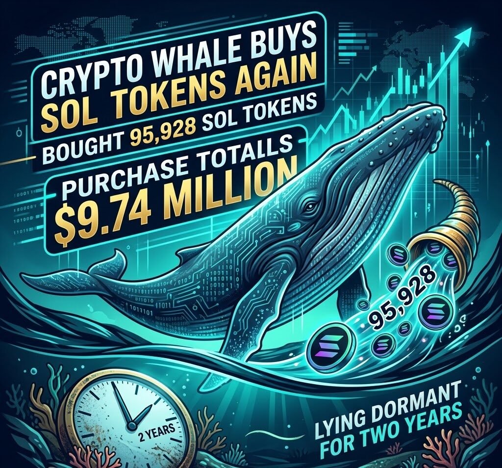 A crypto whale bought 95,928 SOL tokens again after lying dormant for two years, with the purchase totaling roughly $9.74 million.