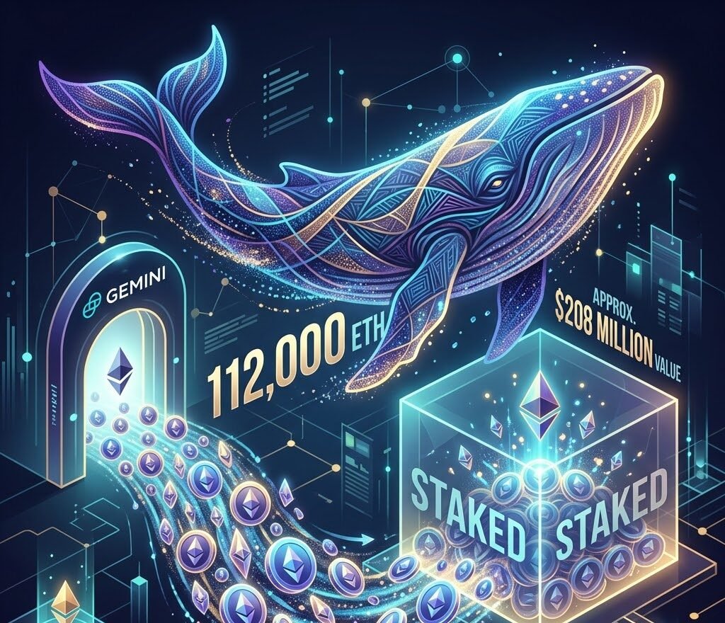 A crypto whale withdrew 112,000 ETH from Gemini over the past three weeks and staked the tokens, with the holdings valued at approximately $208 million.