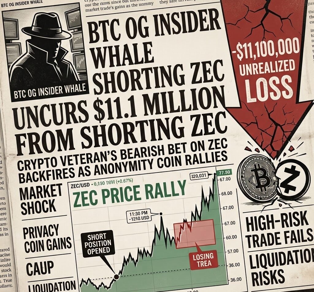BTC OG insider whale incurs $11.1 million unrealized loss from shorting ZEC