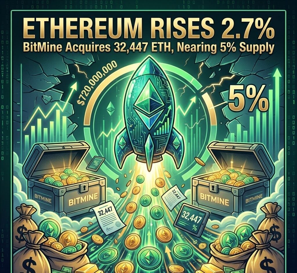 Ethereum Rises 2.7% as BitMine Acquires 32,447 ETH, Nearing 5% Supply