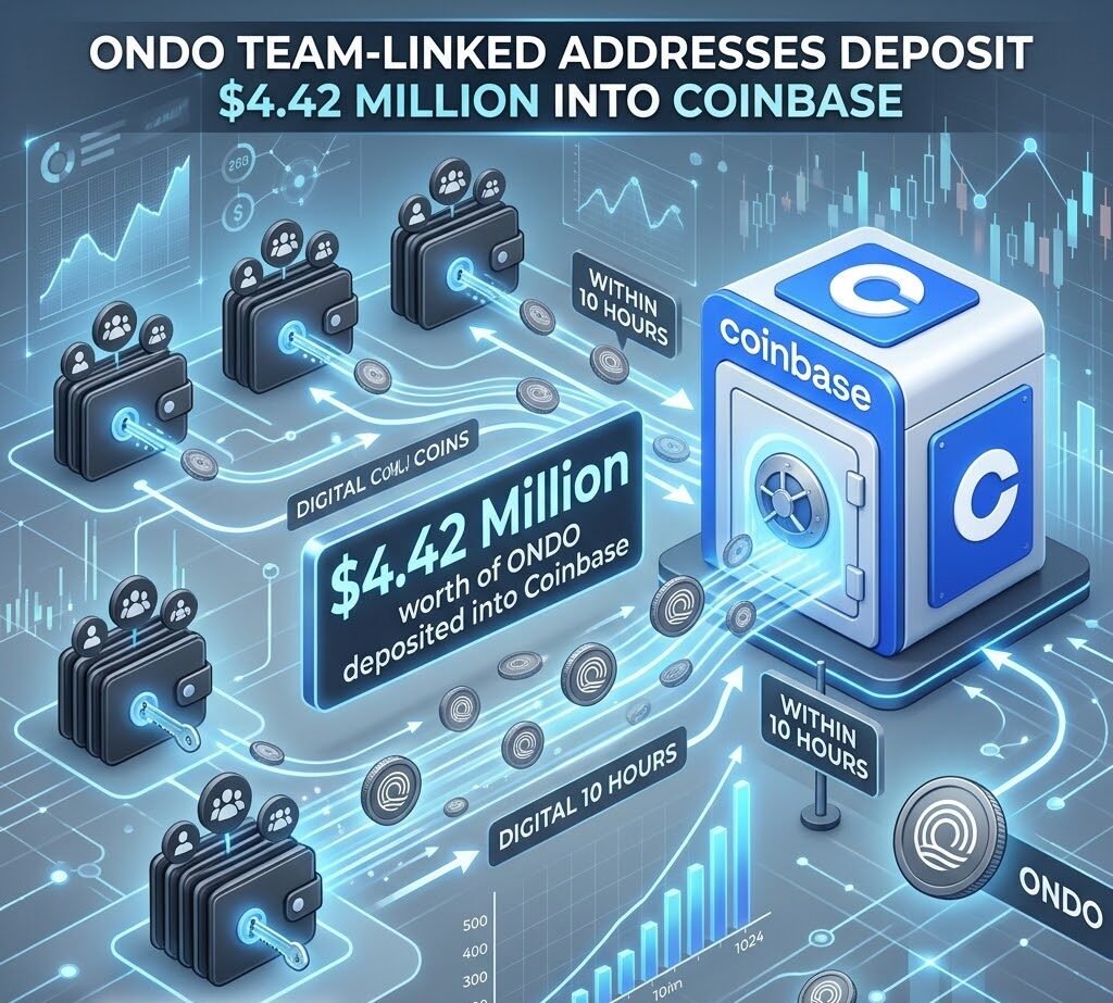 Ondo team-linked addresses deposited $4.42 million worth of ONDO into Coinbase within 10 hours.