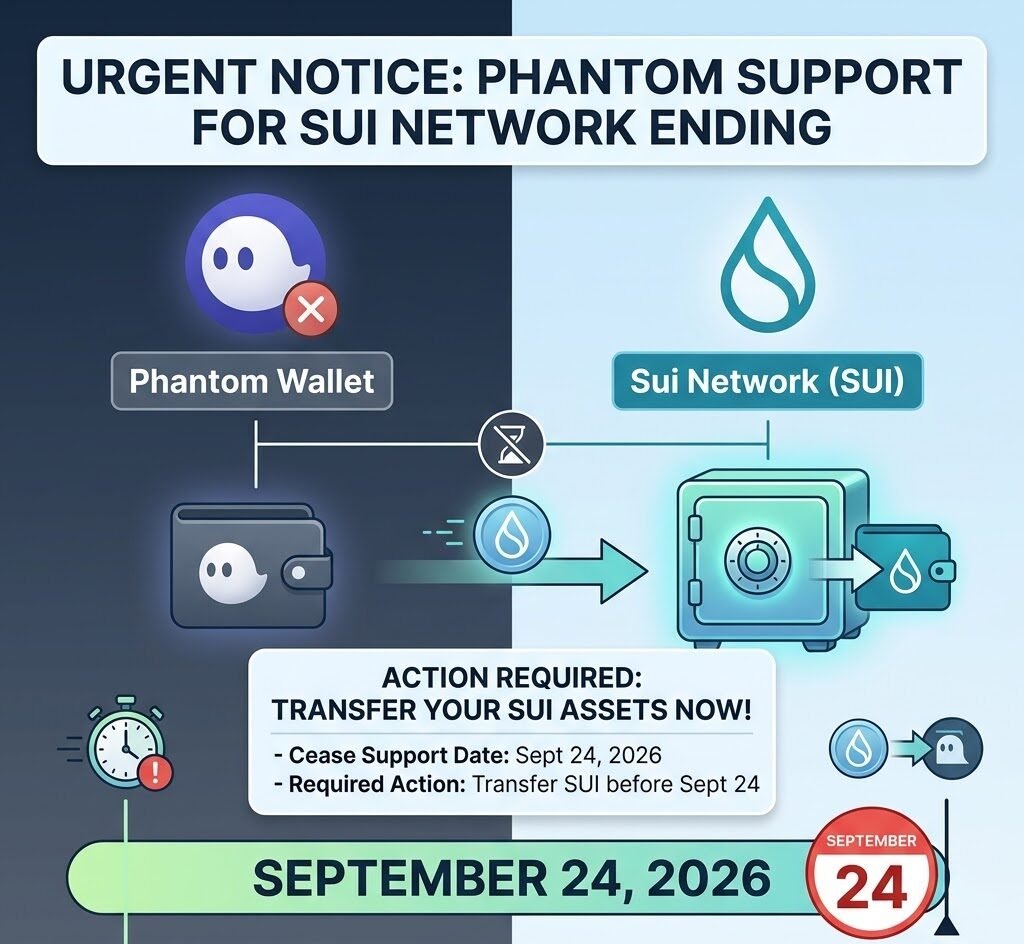Phantom will cease support for the Sui network on September 24, and users are required to transfer their SUI assets in advance.