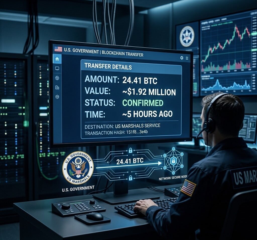 The US government transferred 24.41 BTC roughly five hours ago, valued at approximately $1.92 million.