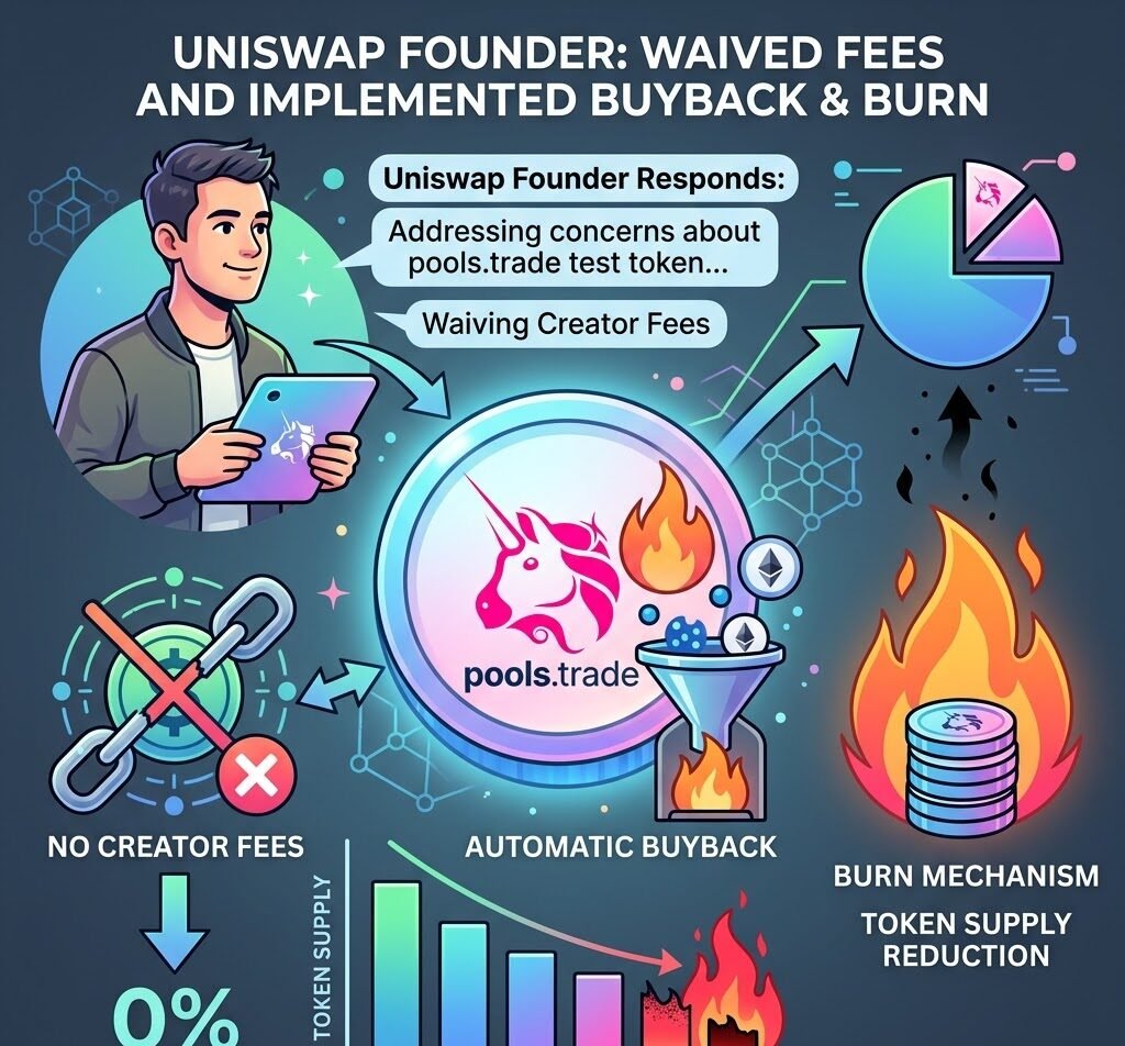 Uniswap founder responds to pools.trade test token: has waived creator fees and implemented automatic buyback and burn.
