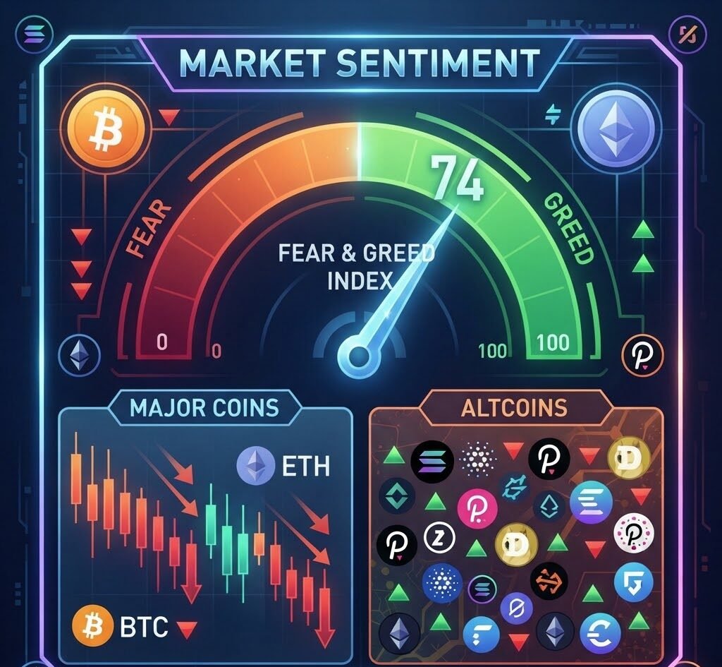 Today's Crypto Market Fear & Greed Index stands at 74. Major cryptocurrencies have pulled back, while altcoins show mixed price movements.