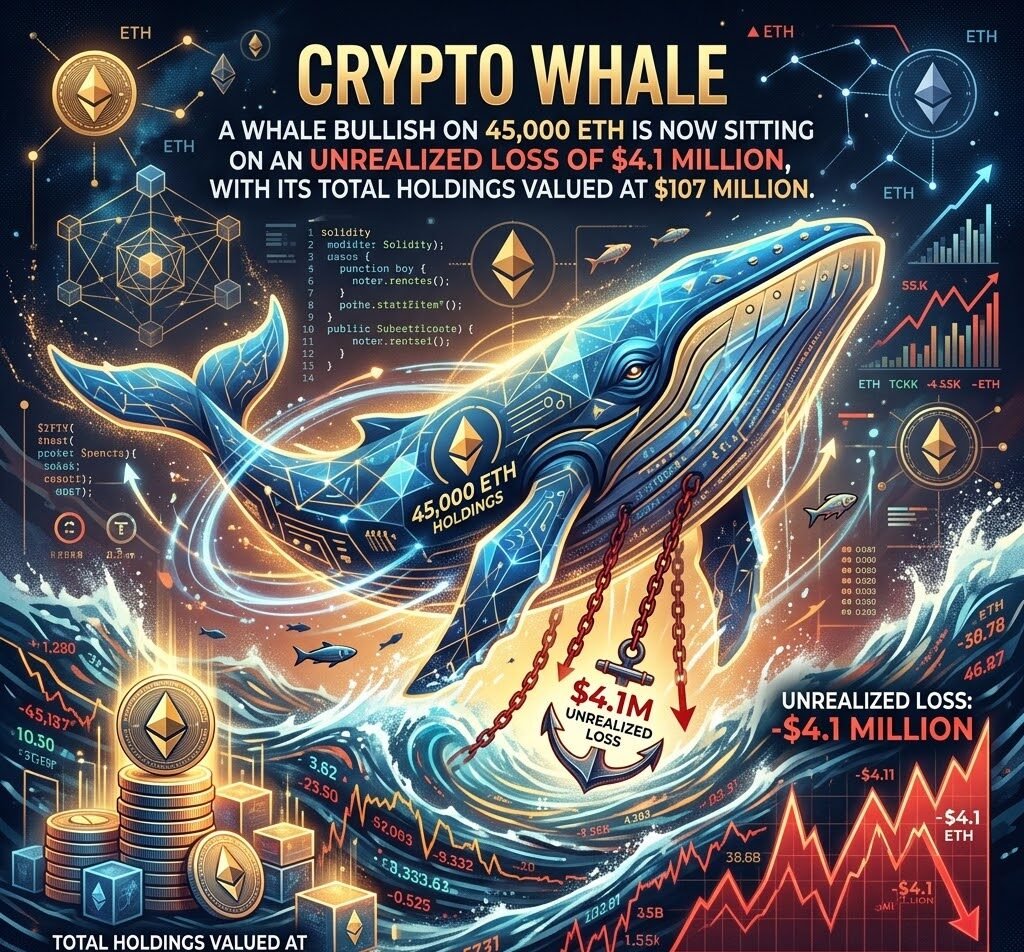 A whale bullish on 45,000 ETH is now sitting on an unrealized loss of $4.1 million, with its total holdings valued at $107 million.
