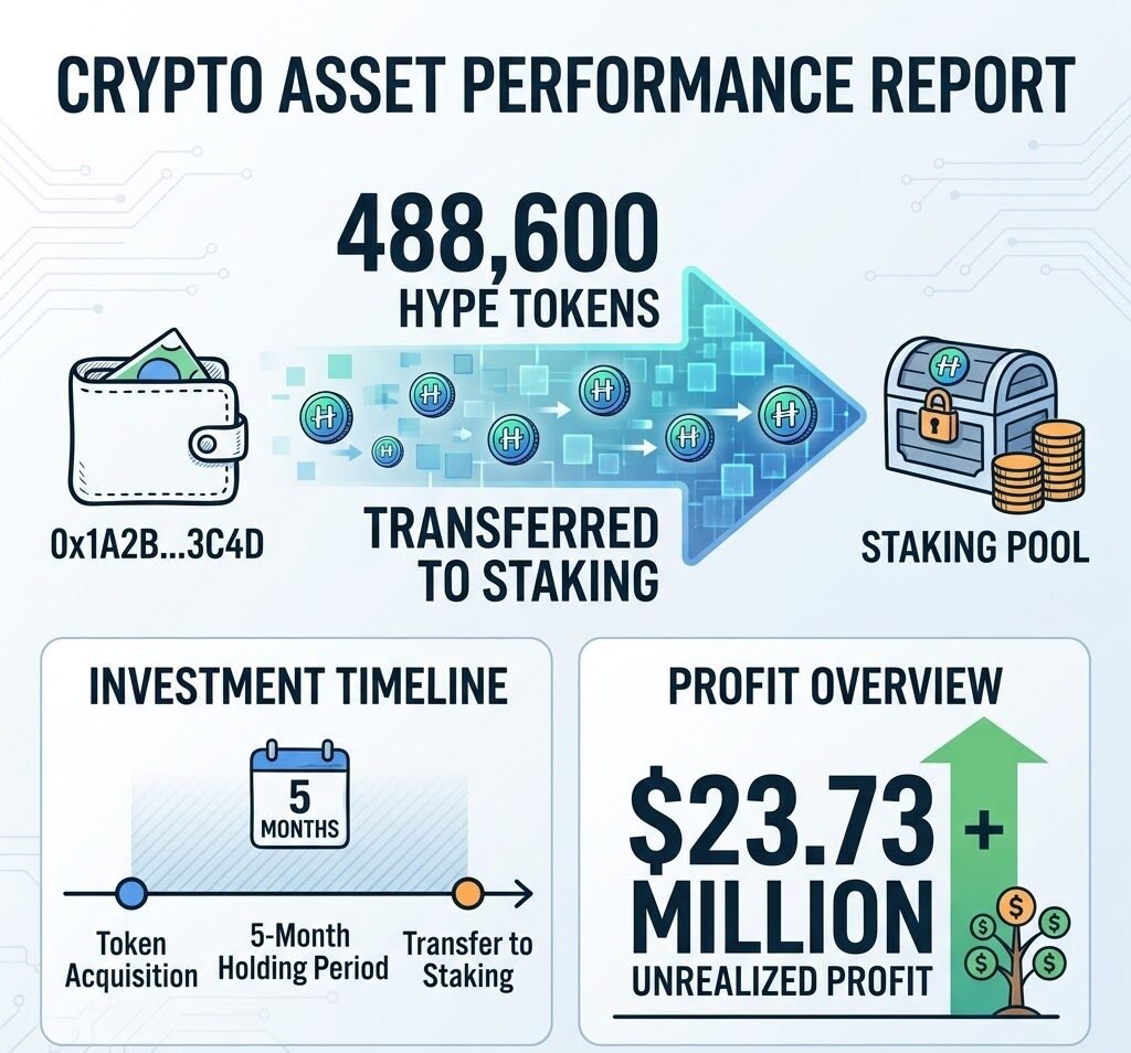 An address transferred 488,600 HYPE tokens to staking, generating an unrealized profit of $23.73 million over its 5-month holding period.
