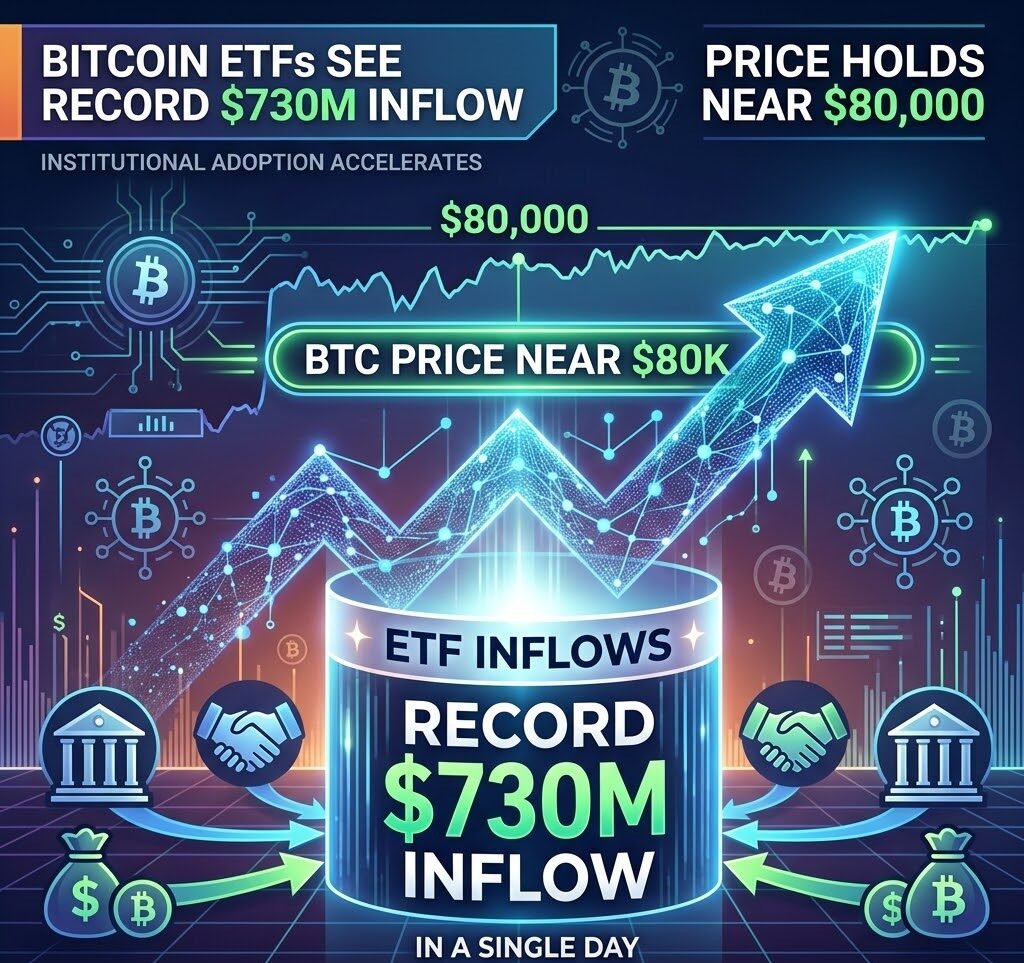 Bitcoin ETFs See Record $730M Inflow as Price Holds Near $80K