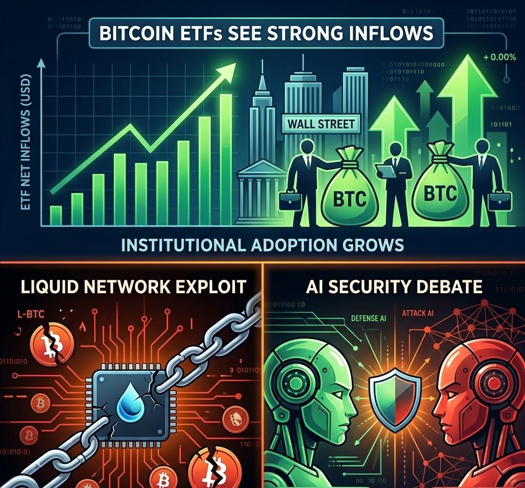 Bitcoin ETFs See Strong Inflows Amid Liquid Network Exploit and AI Security Debate