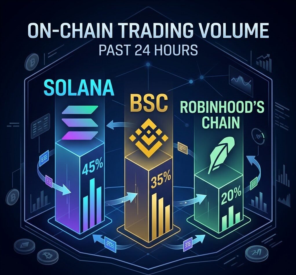 On-chain trading has formed a tripartite landscape, with Solana, BSC, and Robinhood’s chain taking the top three spots in trading volume over the past 24 hours.