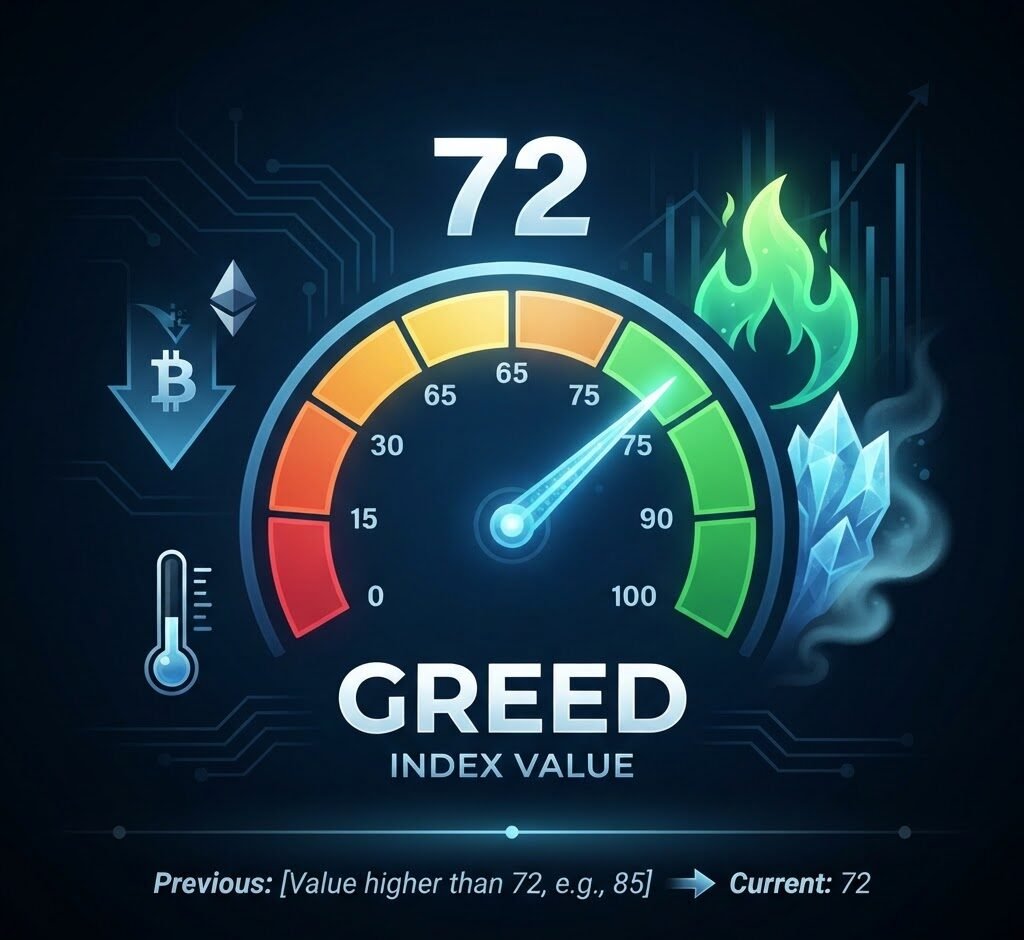 Crypto Fear & Greed Index falls to 72, market 'greed' sentiment cools
